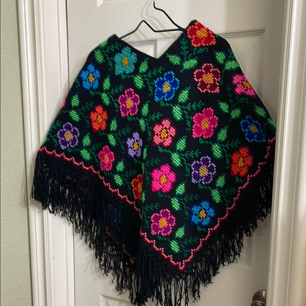 Floral Patterned Poncho with Fringe